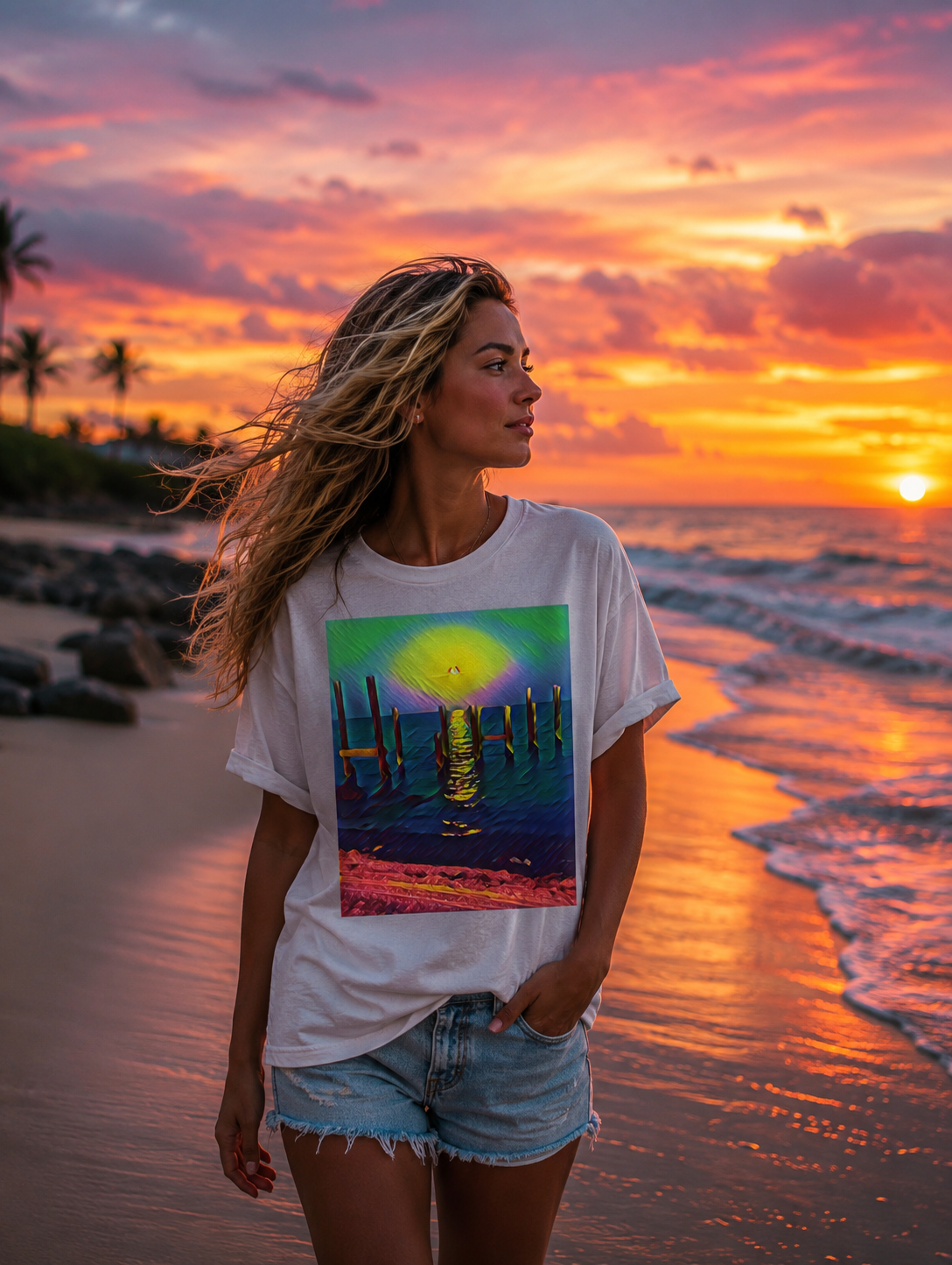 “Still Standing In The Keys” Original Artwear: Heavyweight Crewneck T-shirt for Women